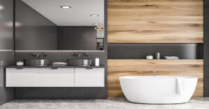 idee per arredare un bagno grigio in stile moderno.
