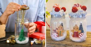 Globo di neve fai da te a tema natalizio.