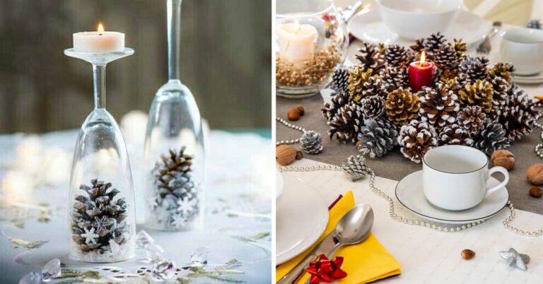 Un centrotavola fai da te a base di pigne per la tavola di Natale Centrotavola con pigne per la tavola natalizia.