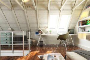 Sfruttare la mansarda per arredare un angolo studio.