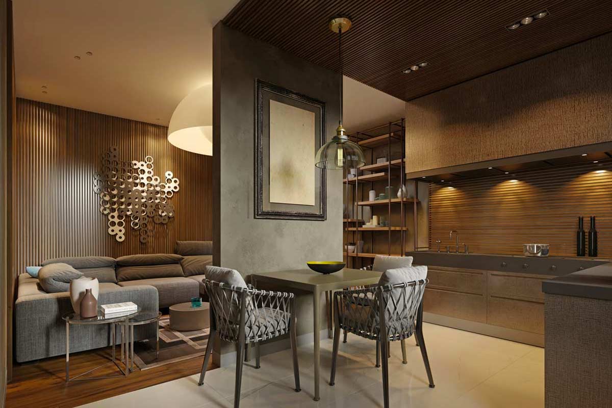 Cucina e soggiorno separata con mezza parete.