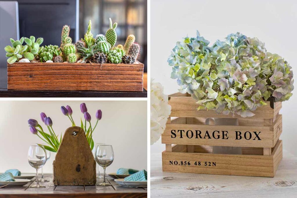 Centrotavola con cassette di legno.