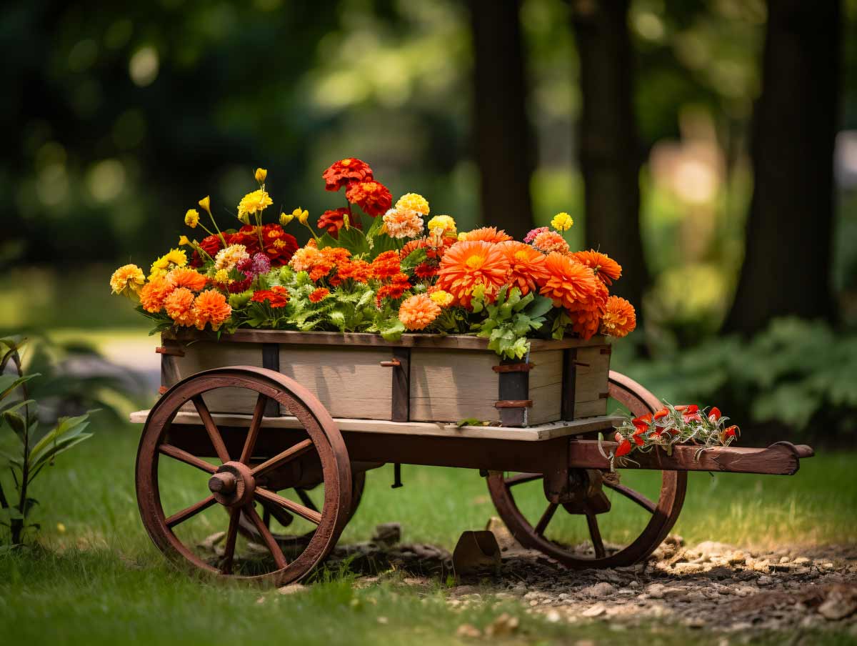 Vecchio carretto vintage in giardino.