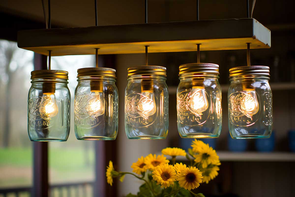 lampadario rustico fai da te con barattoli di vetro
