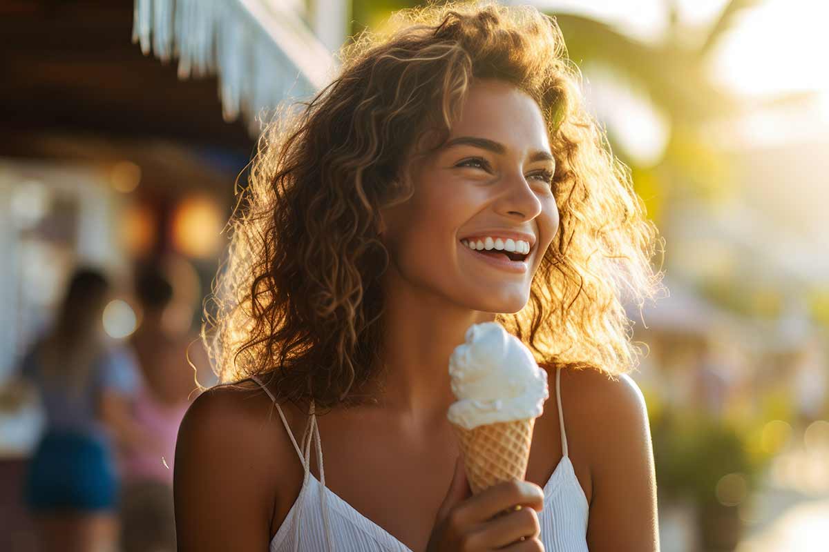 Donna che mangia un gelato.