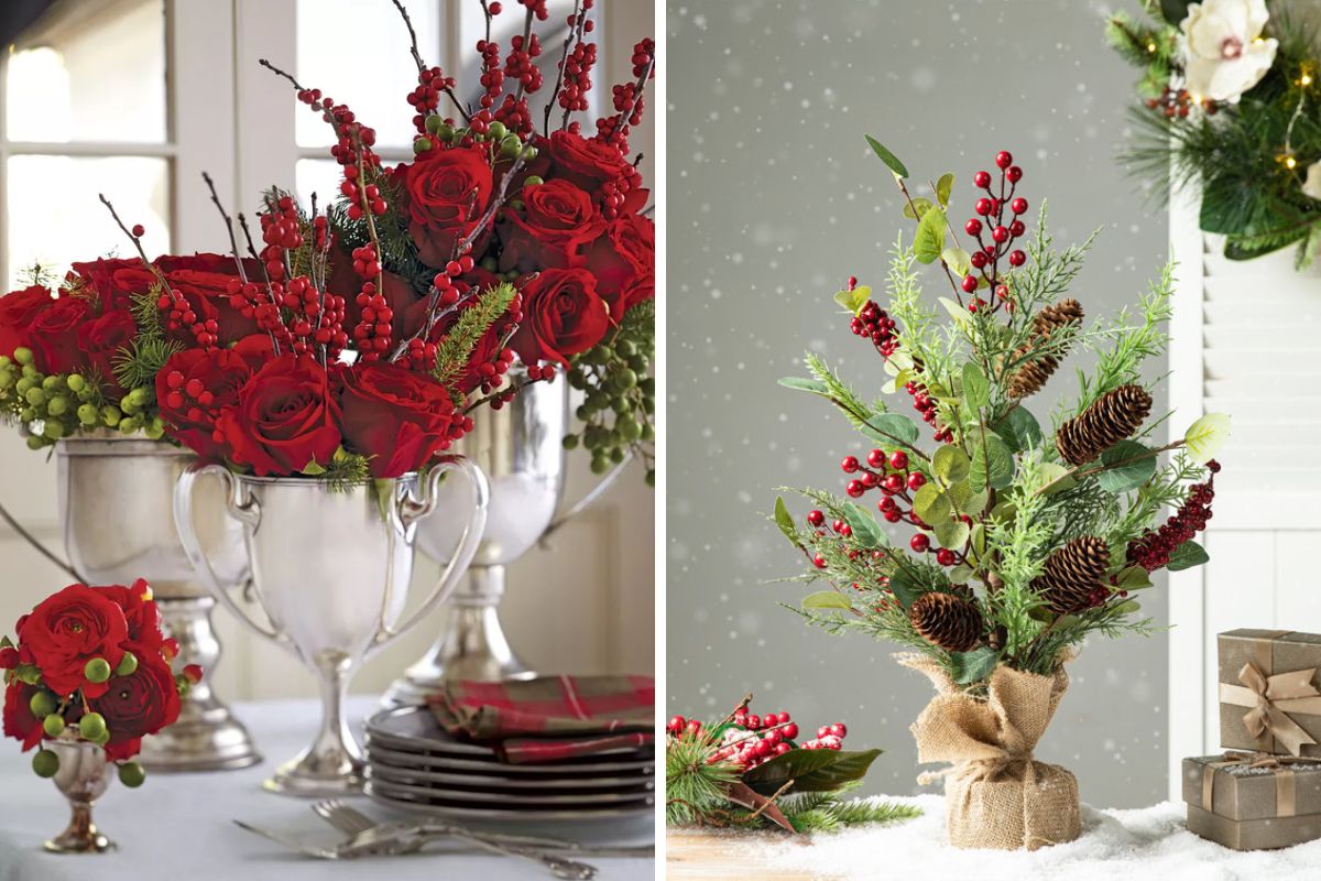 Centrotavola natalizi con fiori stelle di natale