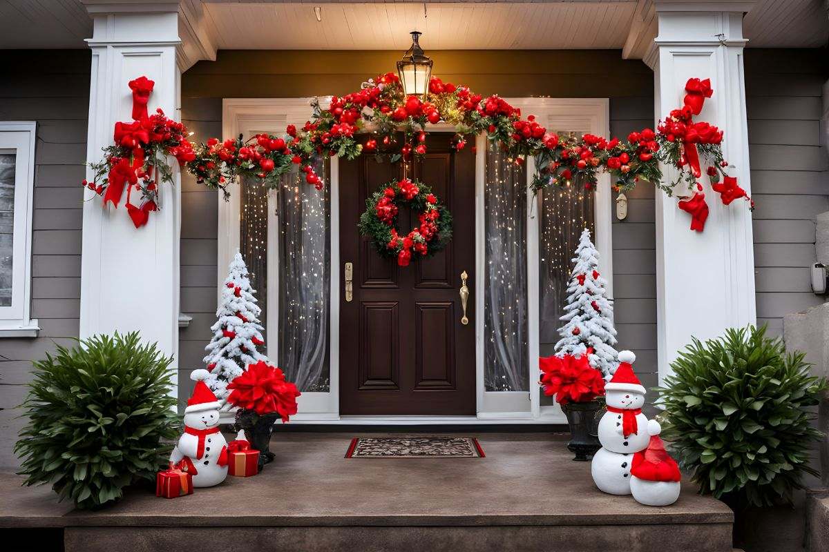 Portone decorato con ghirlande per Natale